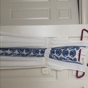 Elegant White and Blue Embroidered Dress